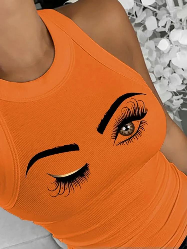 Eyelash Print Casual Tank Top Tops for Women Vests Ladies Summer Tops Vest Tops