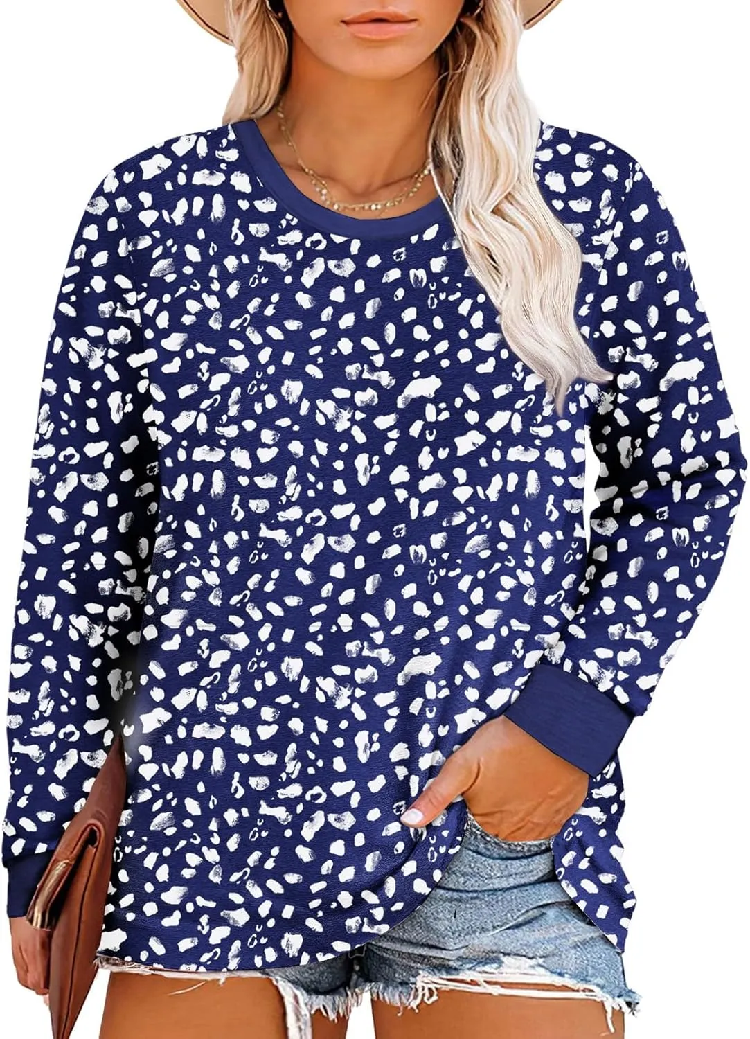 Eytino Plus Size Tops for Women Short Sleeve Crew Neck Polka Dot Print Casual Summer Loose Tee Shirts(1X-5X)