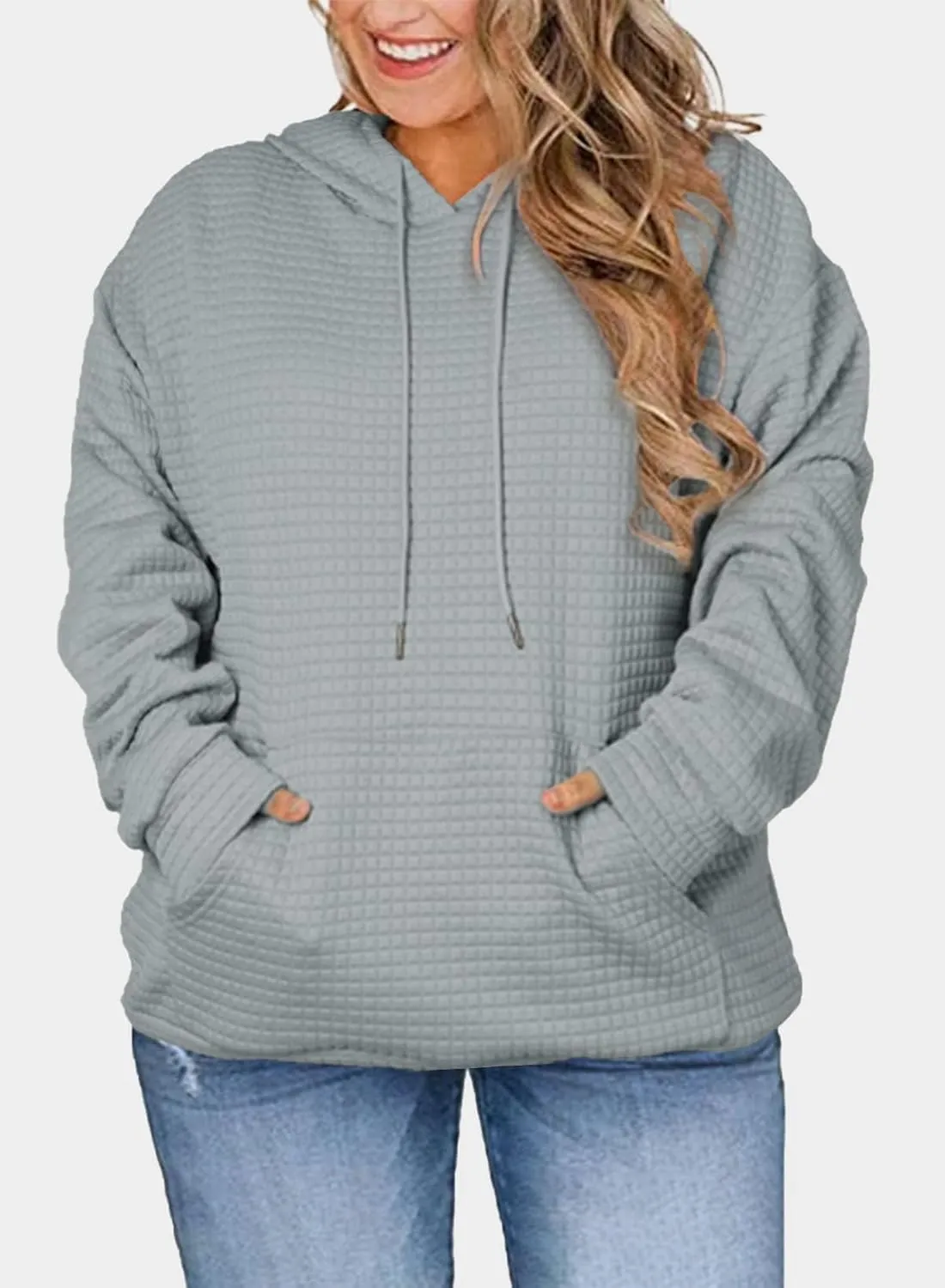Eytino Womens Plus Size Hoodies Tops Casual Long Sleeve Drawstring Waffle Pullover Sweatshirt with Pocket (1X-5X)