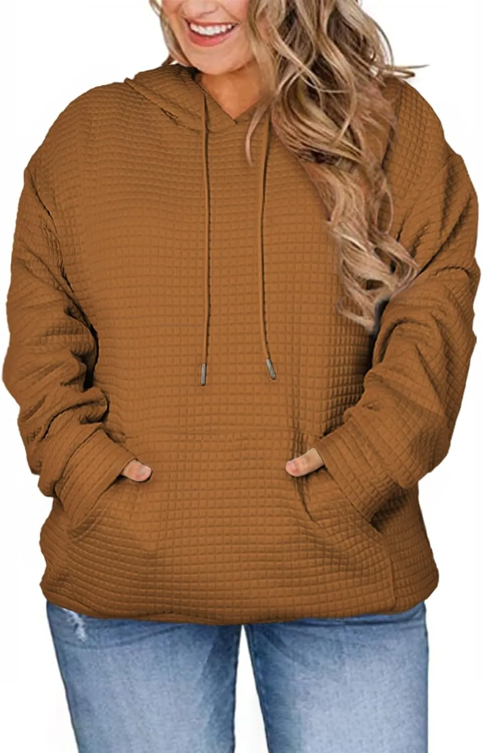 Eytino Womens Plus Size Hoodies Tops Casual Long Sleeve Drawstring Waffle Pullover Sweatshirt with Pocket (1X-5X)