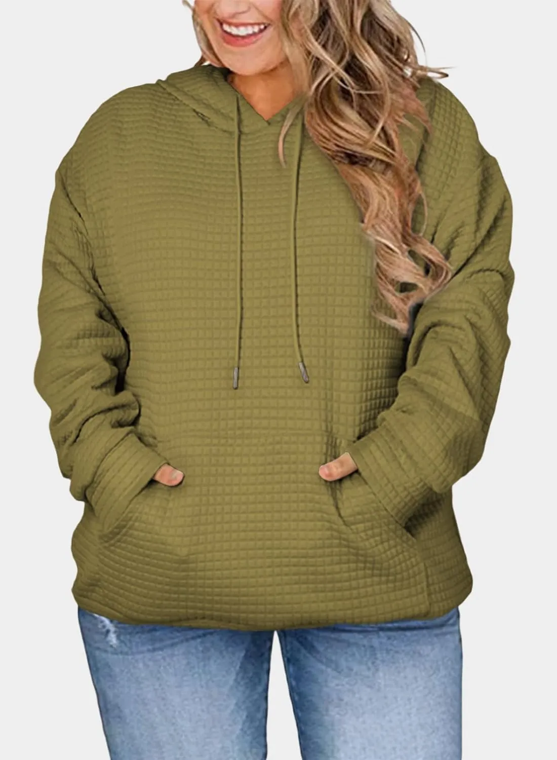 Eytino Womens Plus Size Hoodies Tops Casual Long Sleeve Drawstring Waffle Pullover Sweatshirt with Pocket (1X-5X)