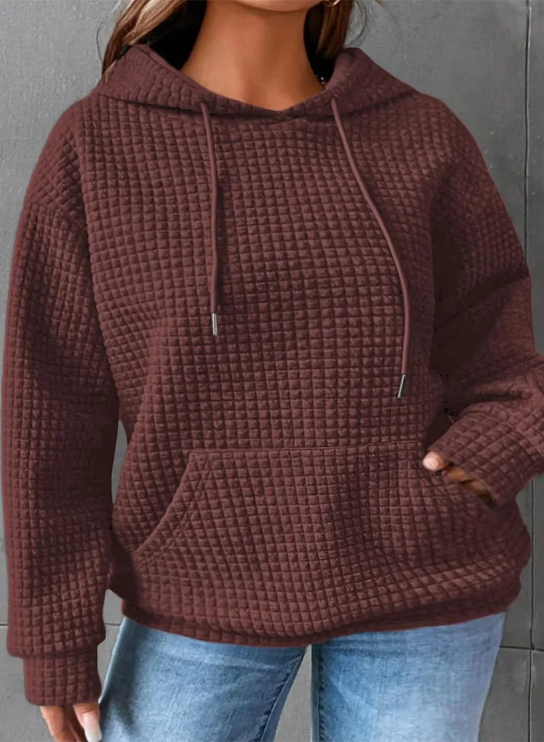 Eytino Womens Plus Size Hoodies Tops Casual Long Sleeve Drawstring Waffle Pullover Sweatshirt with Pocket (1X-5X)