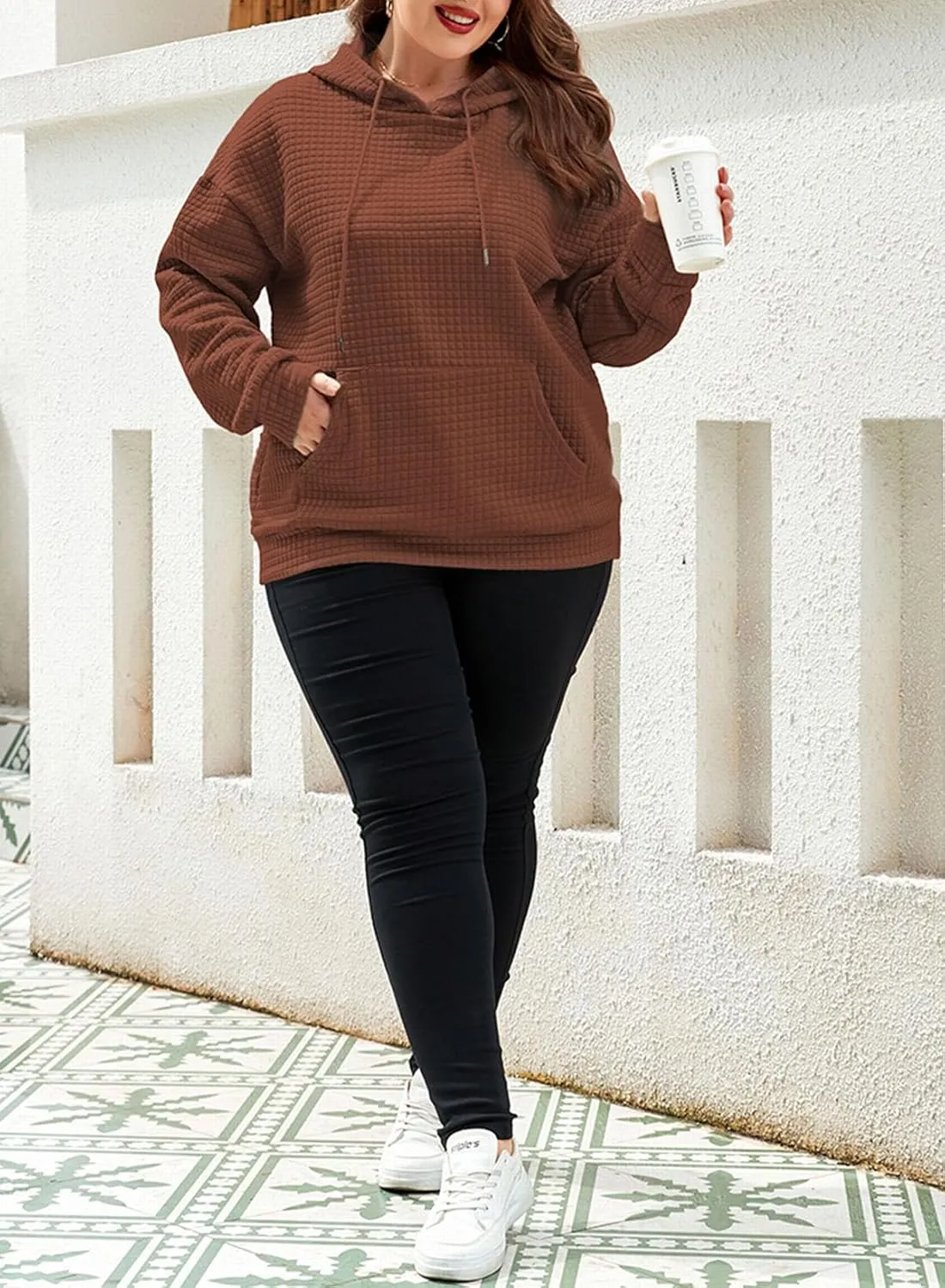 Eytino Womens Plus Size Hoodies Tops Casual Long Sleeve Drawstring Waffle Pullover Sweatshirt with Pocket (1X-5X)