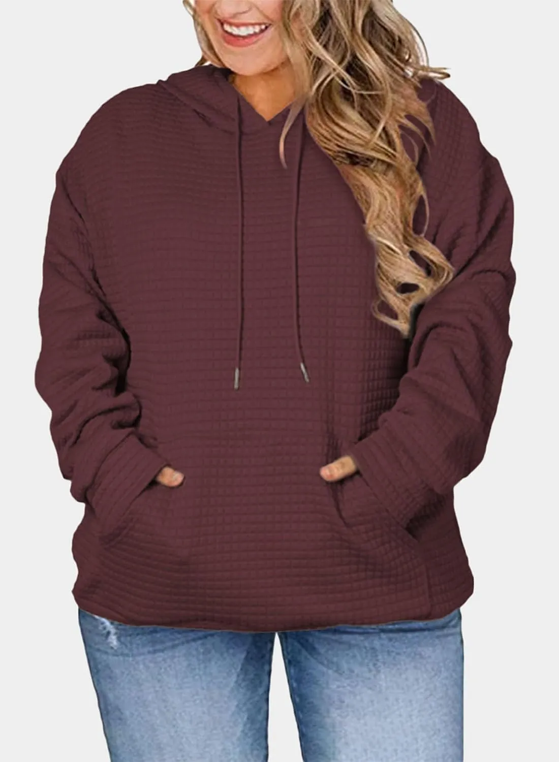Eytino Womens Plus Size Hoodies Tops Casual Long Sleeve Drawstring Waffle Pullover Sweatshirt with Pocket (1X-5X)