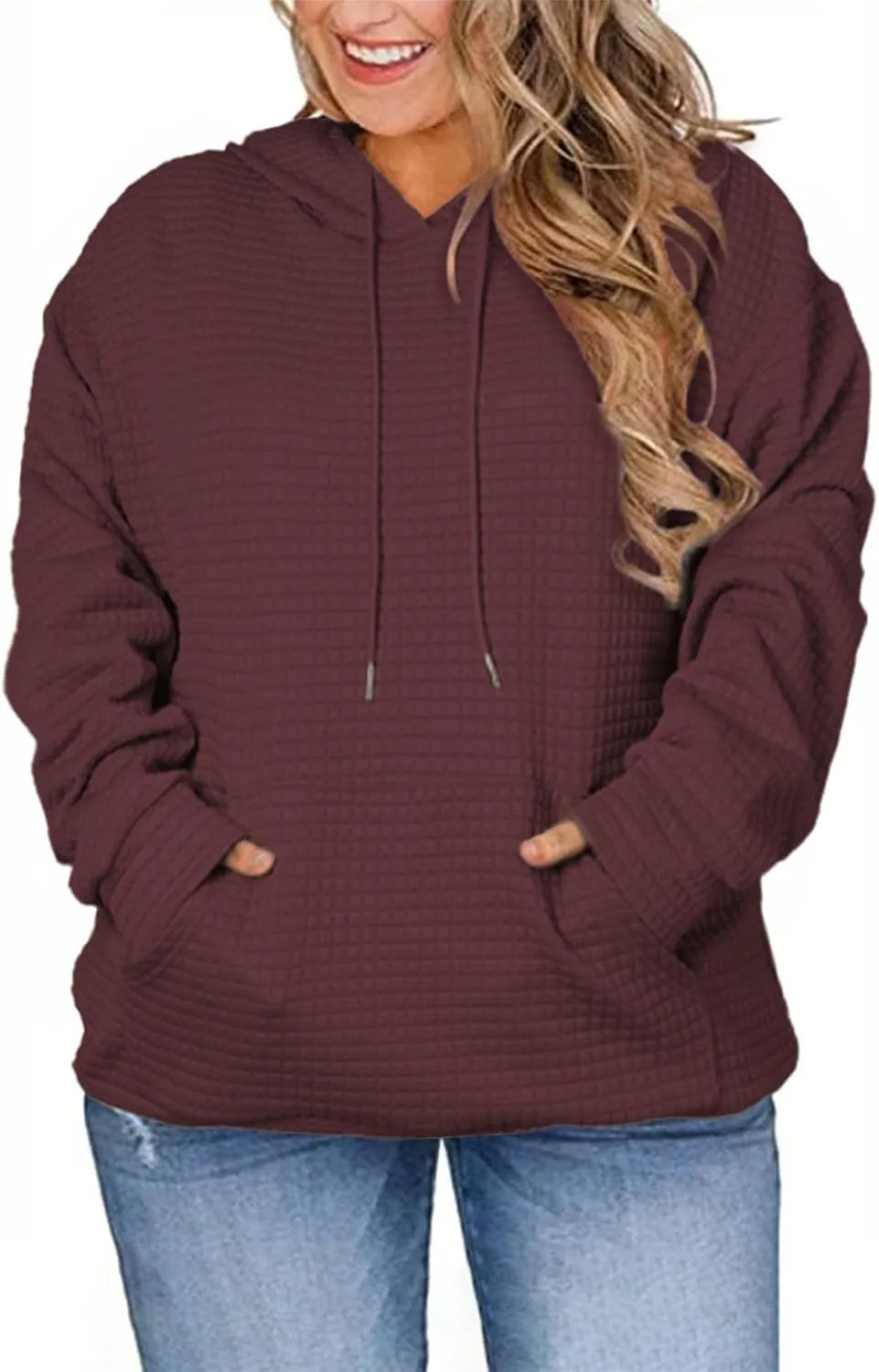 Eytino Womens Plus Size Hoodies Tops Casual Long Sleeve Drawstring Waffle Pullover Sweatshirt with Pocket (1X-5X)