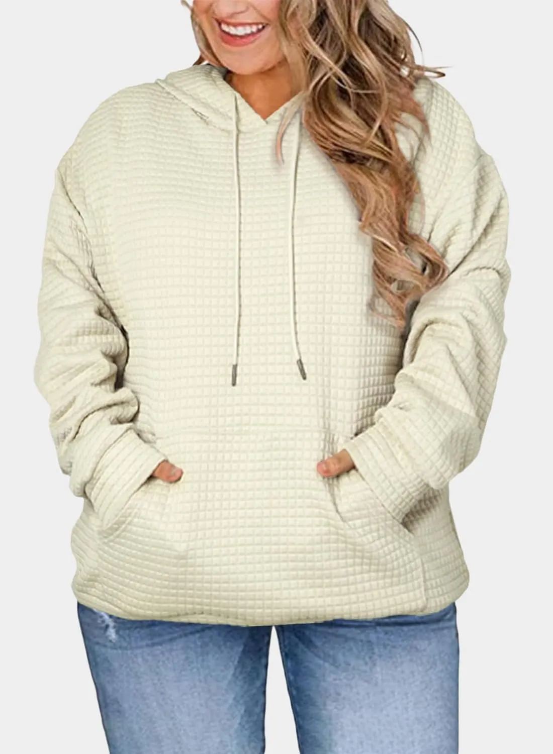 Eytino Womens Plus Size Hoodies Tops Casual Long Sleeve Drawstring Waffle Pullover Sweatshirt with Pocket (1X-5X)
