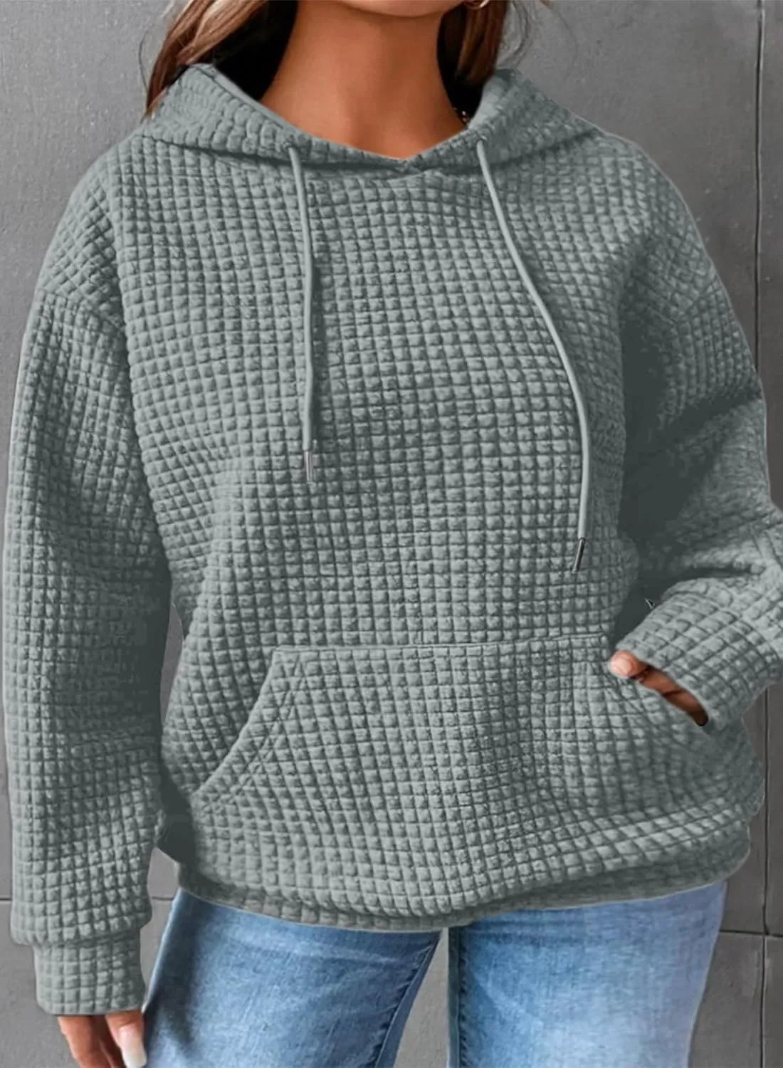 Eytino Womens Plus Size Hoodies Tops Casual Long Sleeve Drawstring Waffle Pullover Sweatshirt with Pocket (1X-5X)