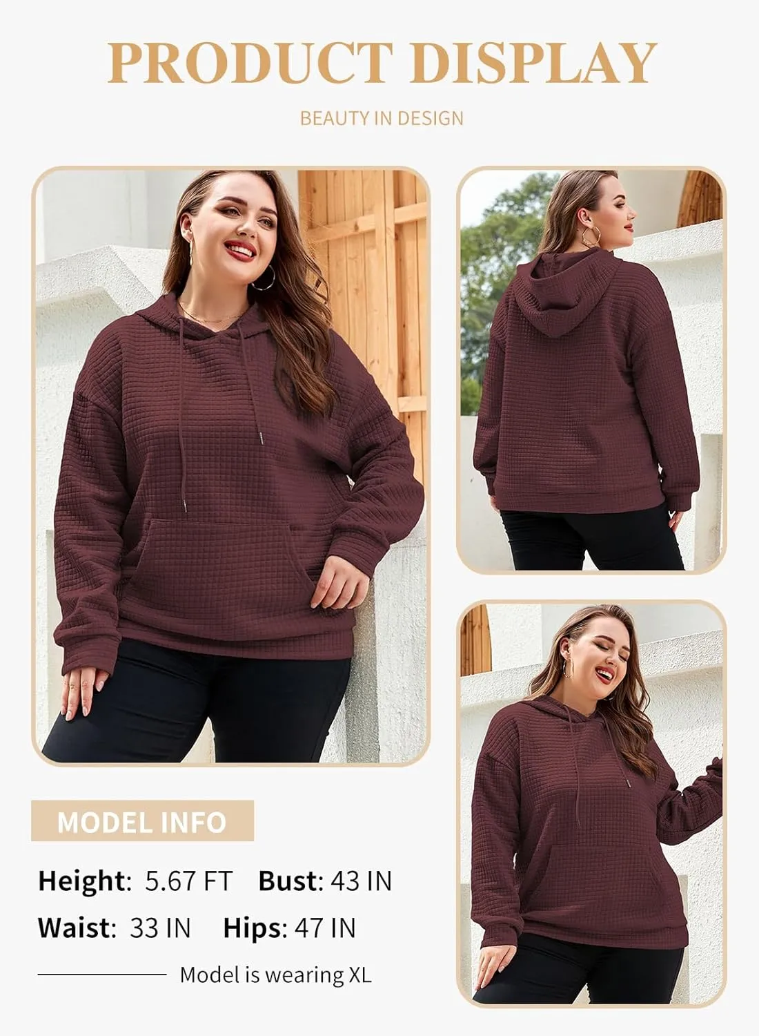 Eytino Womens Plus Size Hoodies Tops Casual Long Sleeve Drawstring Waffle Pullover Sweatshirt with Pocket (1X-5X)