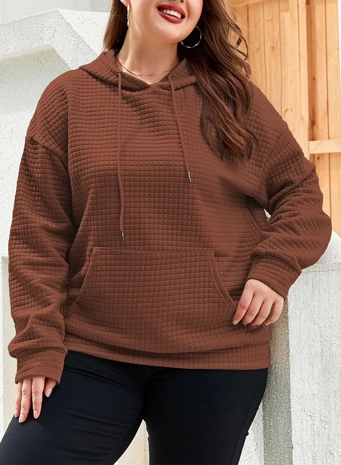 Eytino Womens Plus Size Hoodies Tops Casual Long Sleeve Drawstring Waffle Pullover Sweatshirt with Pocket (1X-5X)