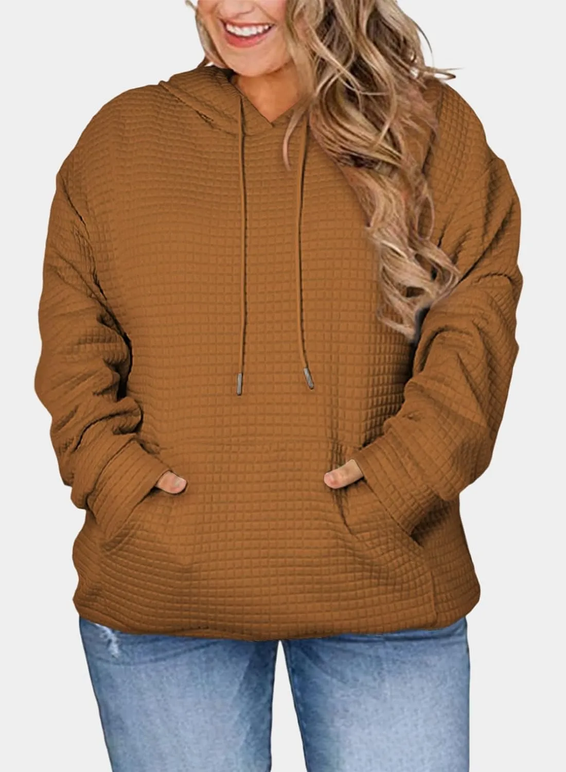 Eytino Womens Plus Size Hoodies Tops Casual Long Sleeve Drawstring Waffle Pullover Sweatshirt with Pocket (1X-5X)
