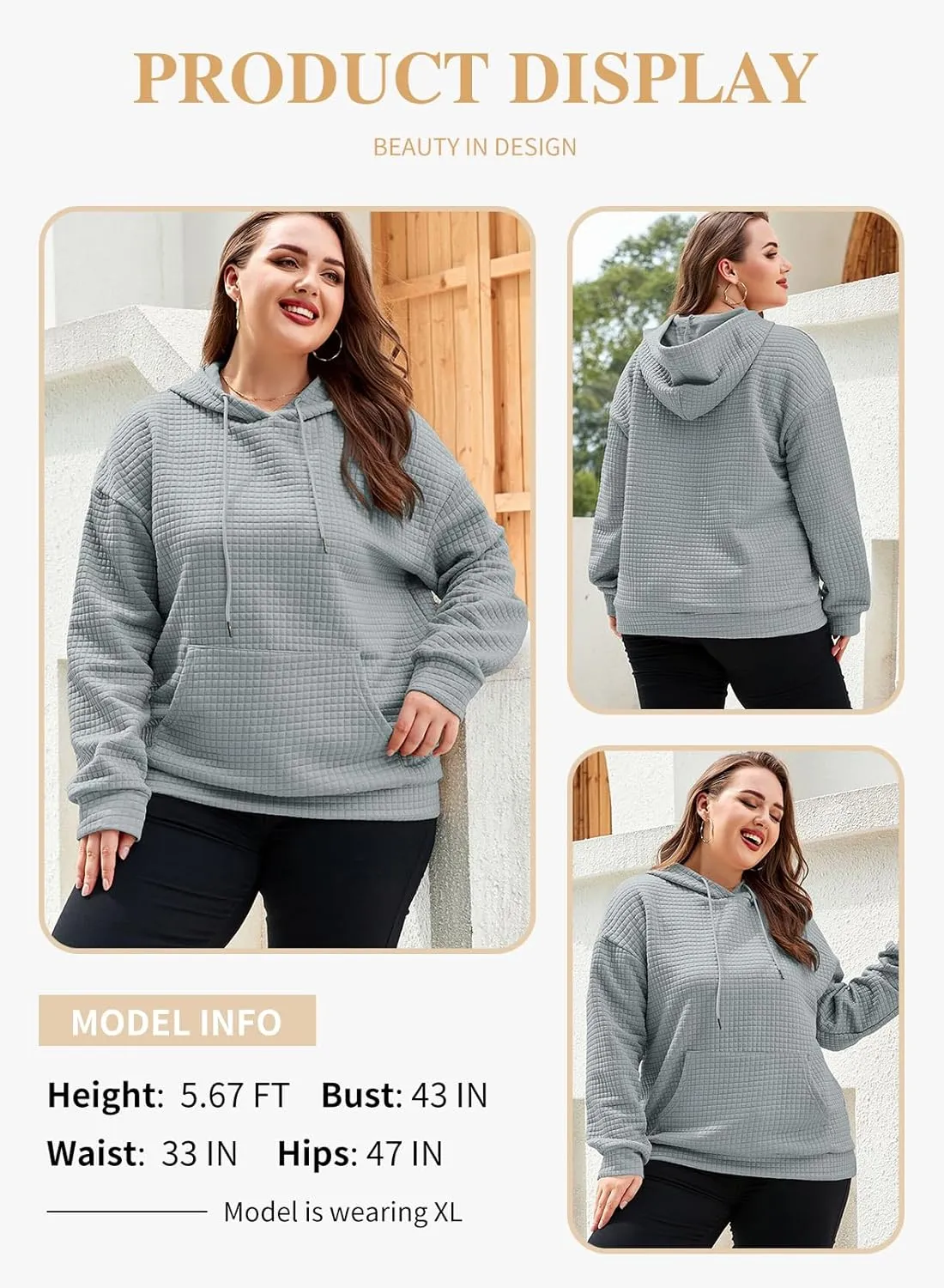 Eytino Womens Plus Size Hoodies Tops Casual Long Sleeve Drawstring Waffle Pullover Sweatshirt with Pocket (1X-5X)