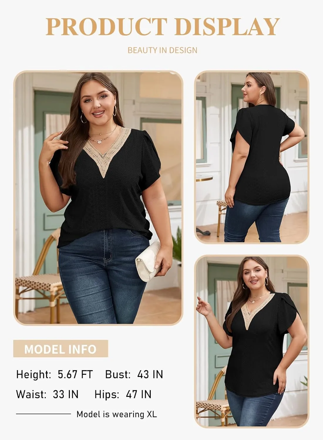 Eytino Womens Plus Size Tops Lace V Neck Petal Short Sleeve Blouse Eyelet Hollow Dressy Casual T Shirts(1X-5X)
