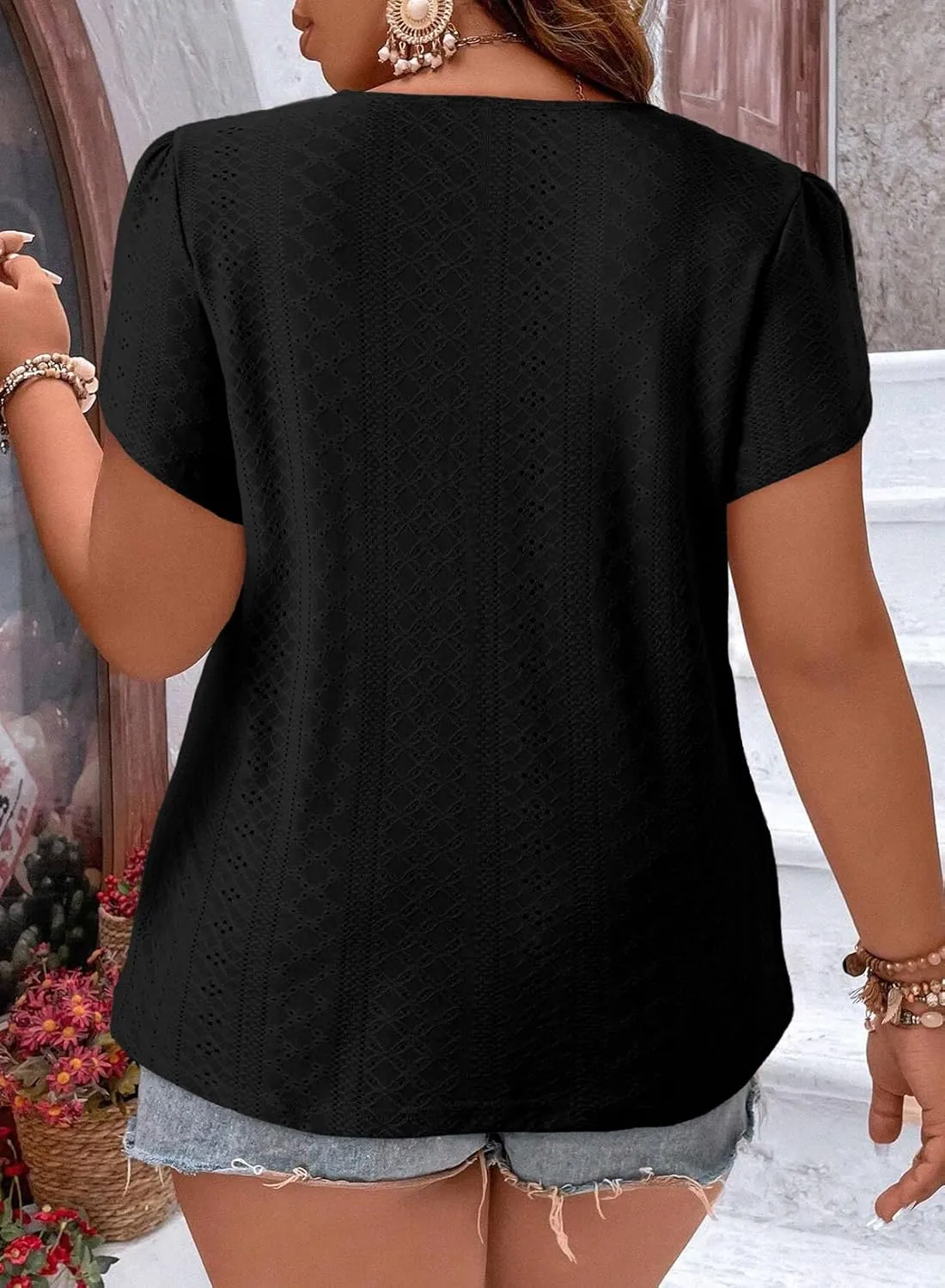 Eytino Womens Plus Size Tops Lace V Neck Petal Short Sleeve Blouse Eyelet Hollow Dressy Casual T Shirts(1X-5X)