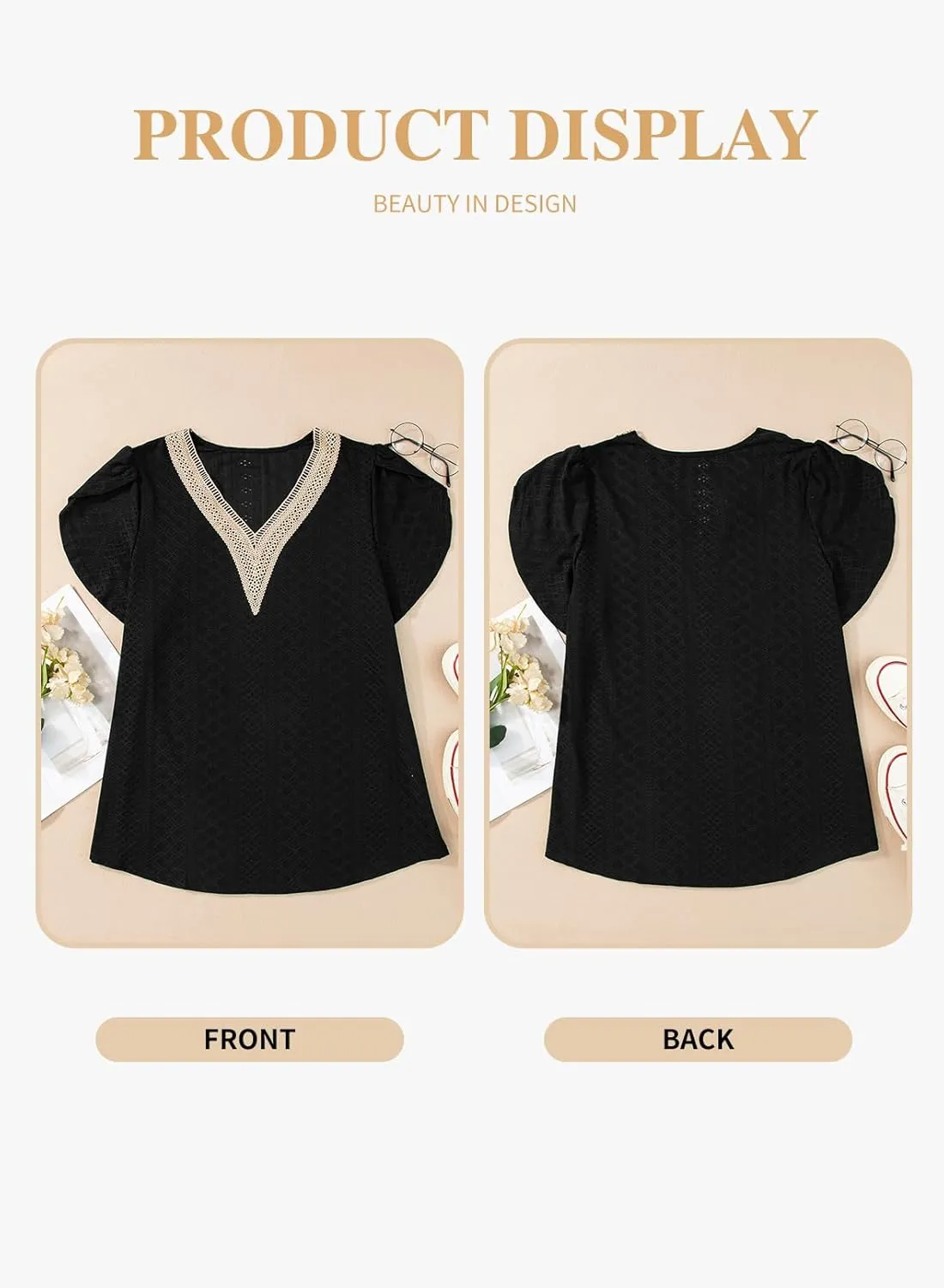 Eytino Womens Plus Size Tops Lace V Neck Petal Short Sleeve Blouse Eyelet Hollow Dressy Casual T Shirts(1X-5X)