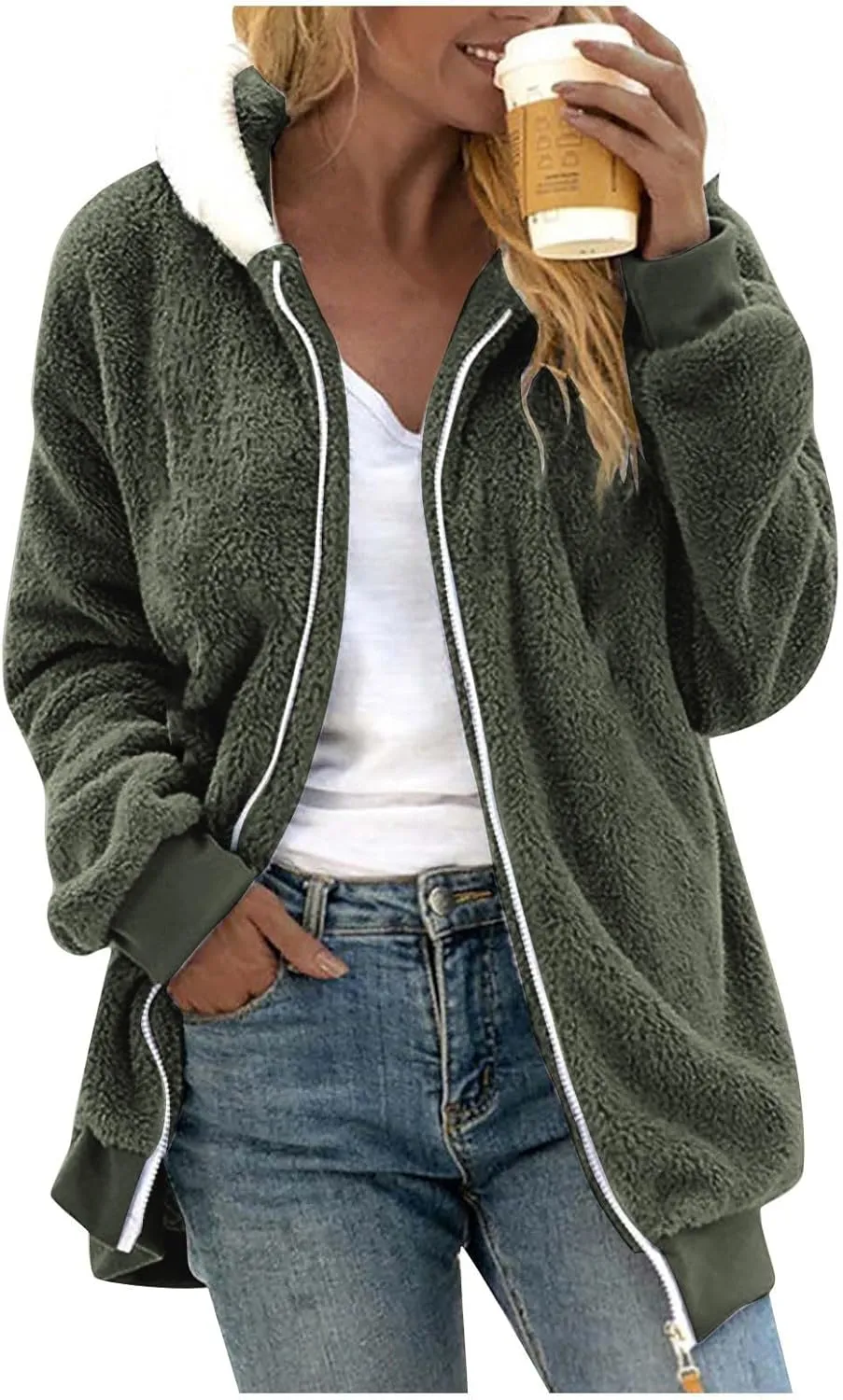 Fall Jackets For Women 2024 Casual Solid Color Loose Plush Zippered Hooded Jacket With Pockets