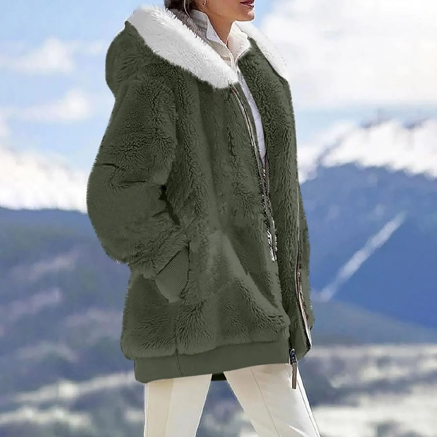 Fall Jackets For Women 2024 Casual Solid Color Loose Plush Zippered Hooded Jacket With Pockets