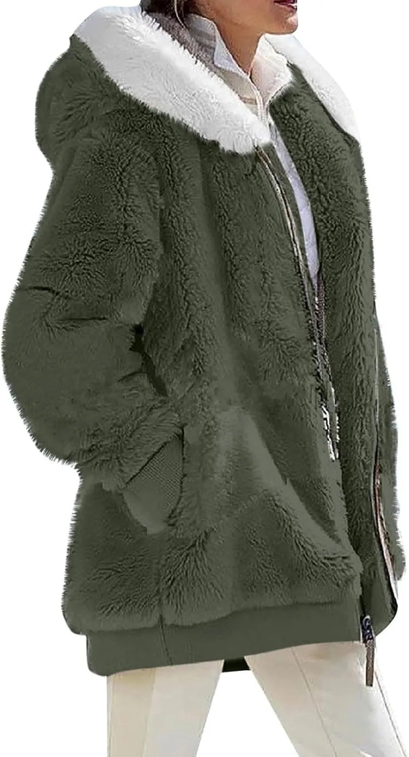 Fall Jackets For Women 2024 Casual Solid Color Loose Plush Zippered Hooded Jacket With Pockets