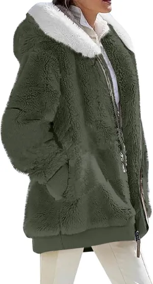 Fall Jackets For Women 2024 Casual Solid Color Loose Plush Zippered Hooded Jacket With Pockets