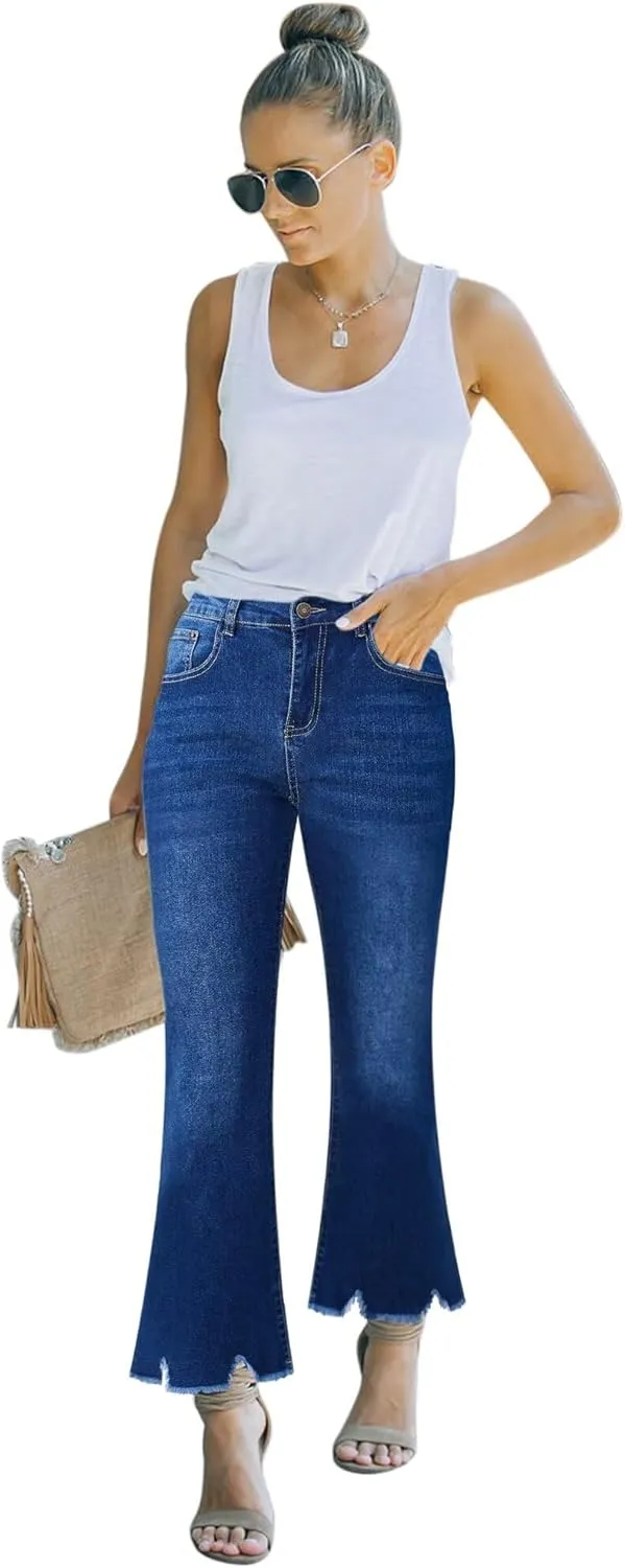 Flare Jeans for Women Cropped Stretchy Mid Rise Bell Bottom Jeans Womens Crop Flare Jeans with Raw Hem