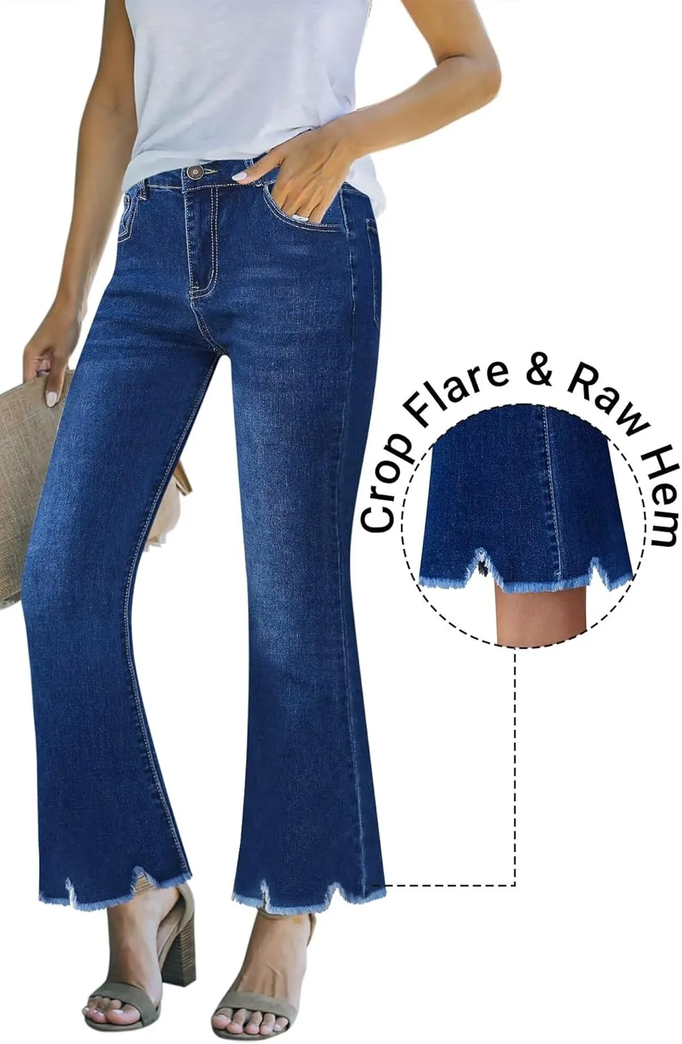 Flare Jeans for Women Cropped Stretchy Mid Rise Bell Bottom Jeans Womens Crop Flare Jeans with Raw Hem