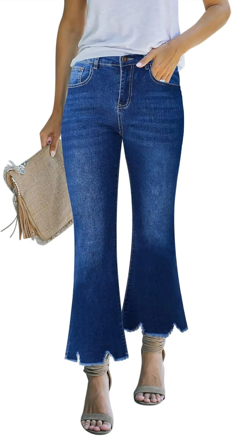 Flare Jeans for Women Cropped Stretchy Mid Rise Bell Bottom Jeans Womens Crop Flare Jeans with Raw Hem