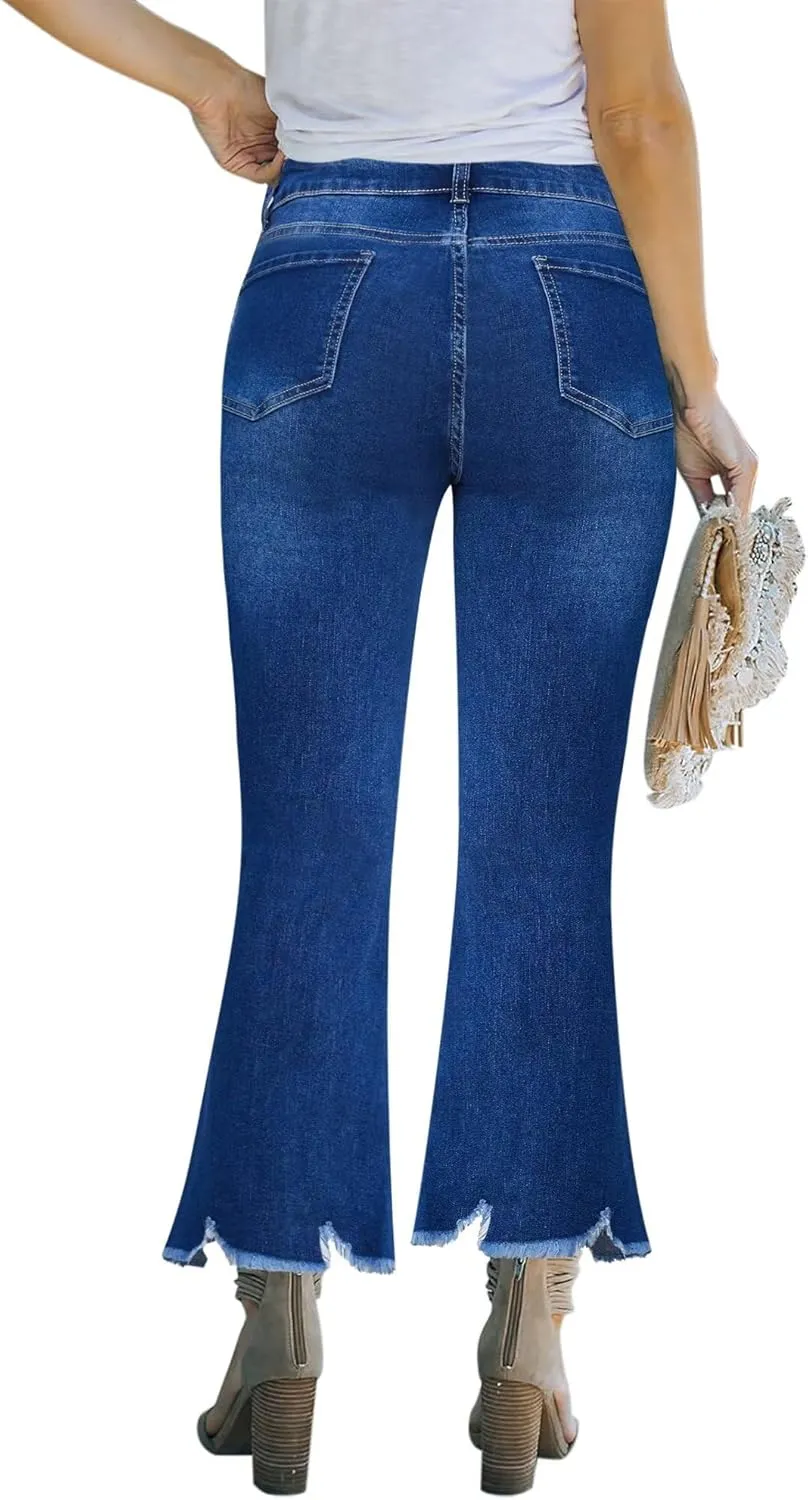 Flare Jeans for Women Cropped Stretchy Mid Rise Bell Bottom Jeans Womens Crop Flare Jeans with Raw Hem