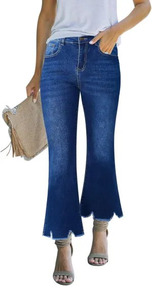 Flare Jeans for Women Cropped Stretchy Mid Rise Bell Bottom Jeans Womens Crop Flare Jeans with Raw Hem