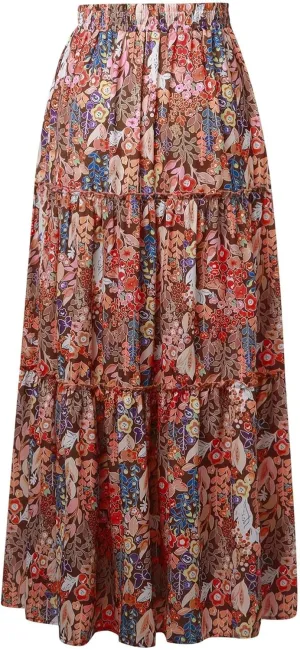 Floral Long Skirts for Women Casual Boho High Waisted Flowy Maxi Skirt Summer Ruffled Tiered Flowy Skorts