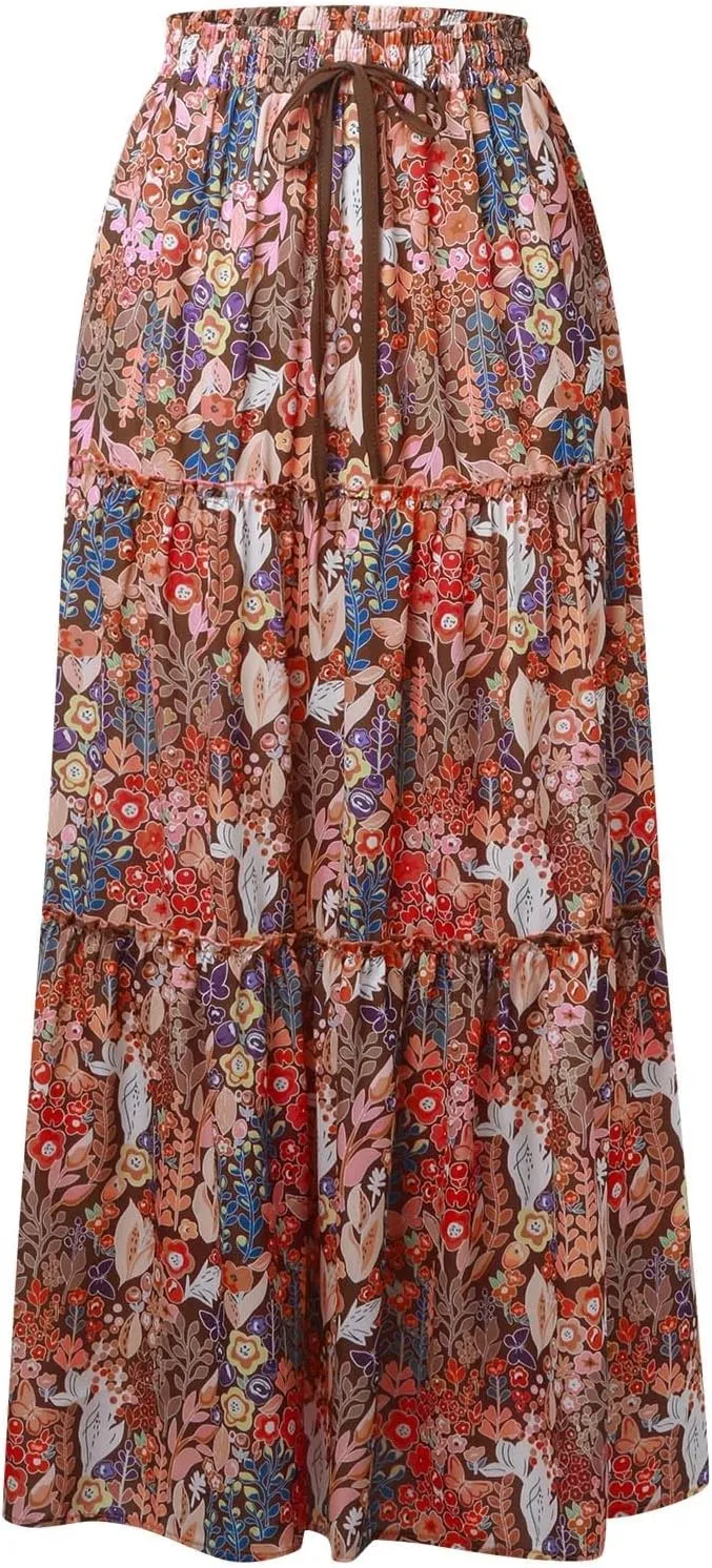 Floral Long Skirts for Women Casual Boho High Waisted Flowy Maxi Skirt Summer Ruffled Tiered Flowy Skorts