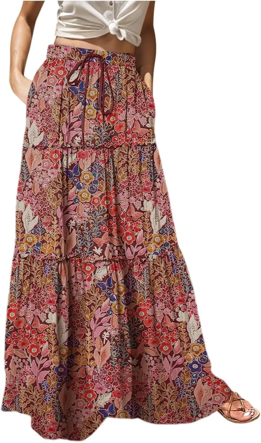 Floral Long Skirts for Women Casual Boho High Waisted Flowy Maxi Skirt Summer Ruffled Tiered Flowy Skorts