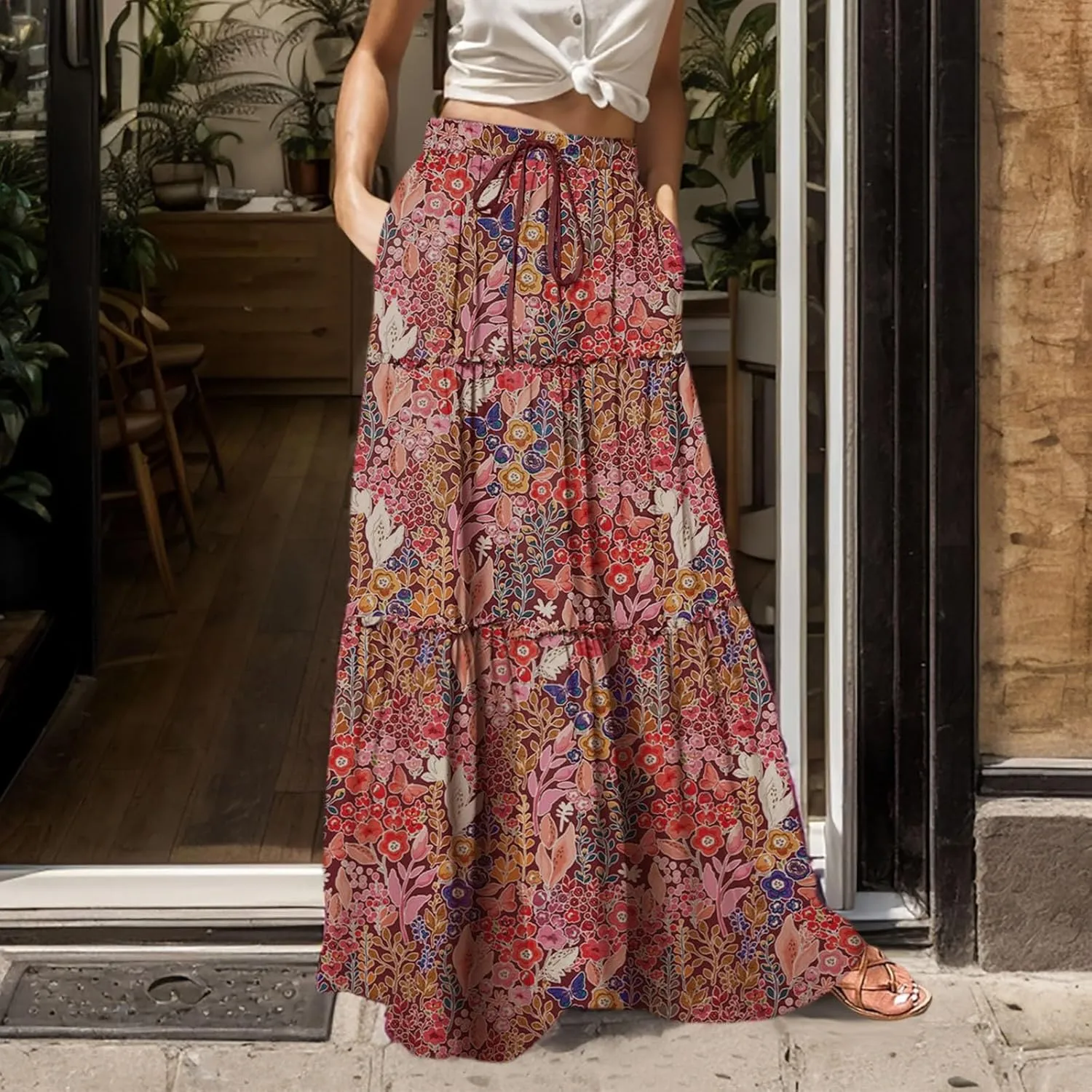 Floral Long Skirts for Women Casual Boho High Waisted Flowy Maxi Skirt Summer Ruffled Tiered Flowy Skorts
