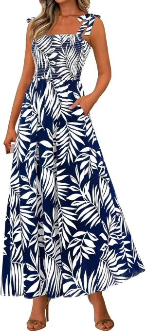 Floral Maxi Dresses for Women 2025 Casual Tie Shoulder Smocked Wrap Dress Flowy Square Neck Beach Vacation Sundresses