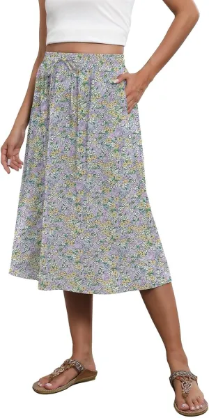 Floral Midi Skirts for Women Summer Casual Loose Flowy Boho Skirt Knee Length Beach Vacation Outfits with Pockets