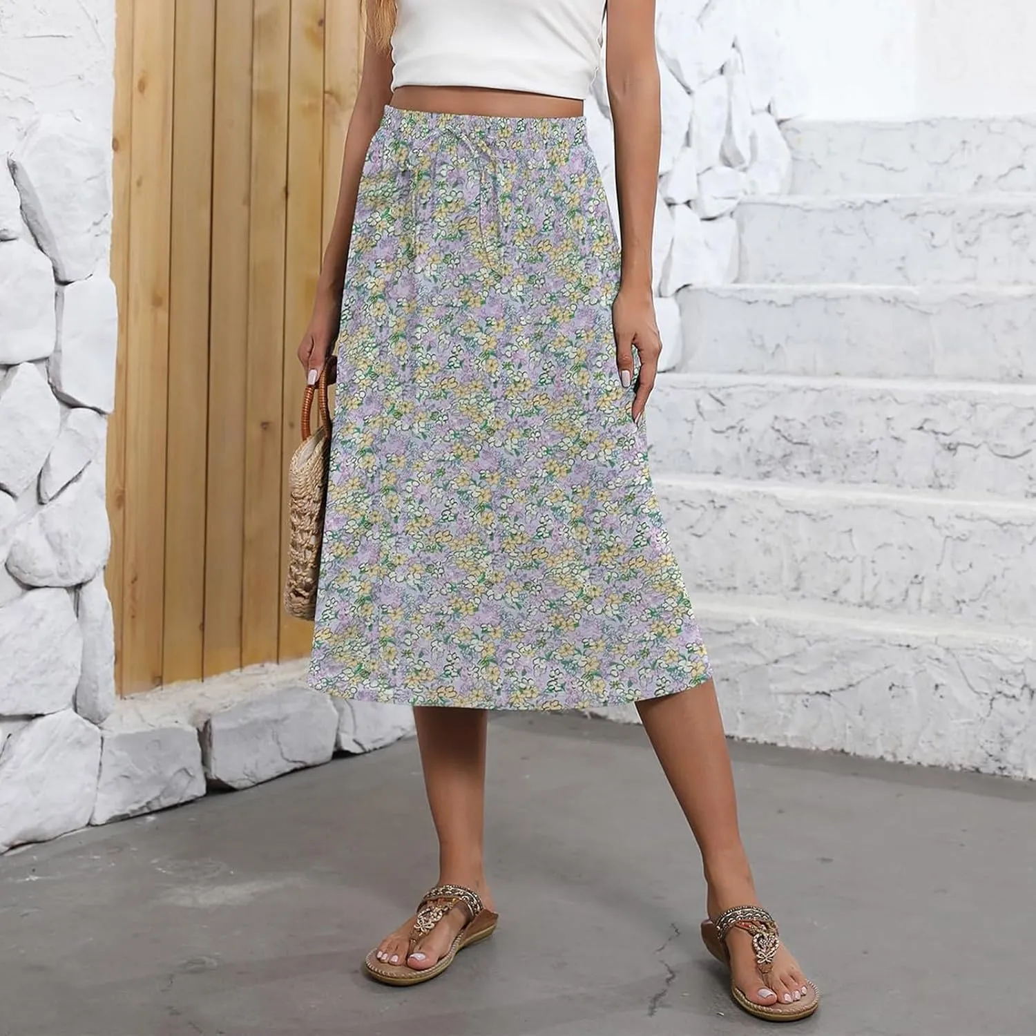 Floral Midi Skirts for Women Summer Casual Loose Flowy Boho Skirt Knee Length Beach Vacation Outfits with Pockets