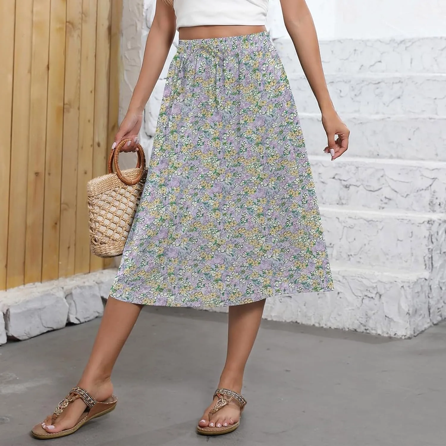 Floral Midi Skirts for Women Summer Casual Loose Flowy Boho Skirt Knee Length Beach Vacation Outfits with Pockets