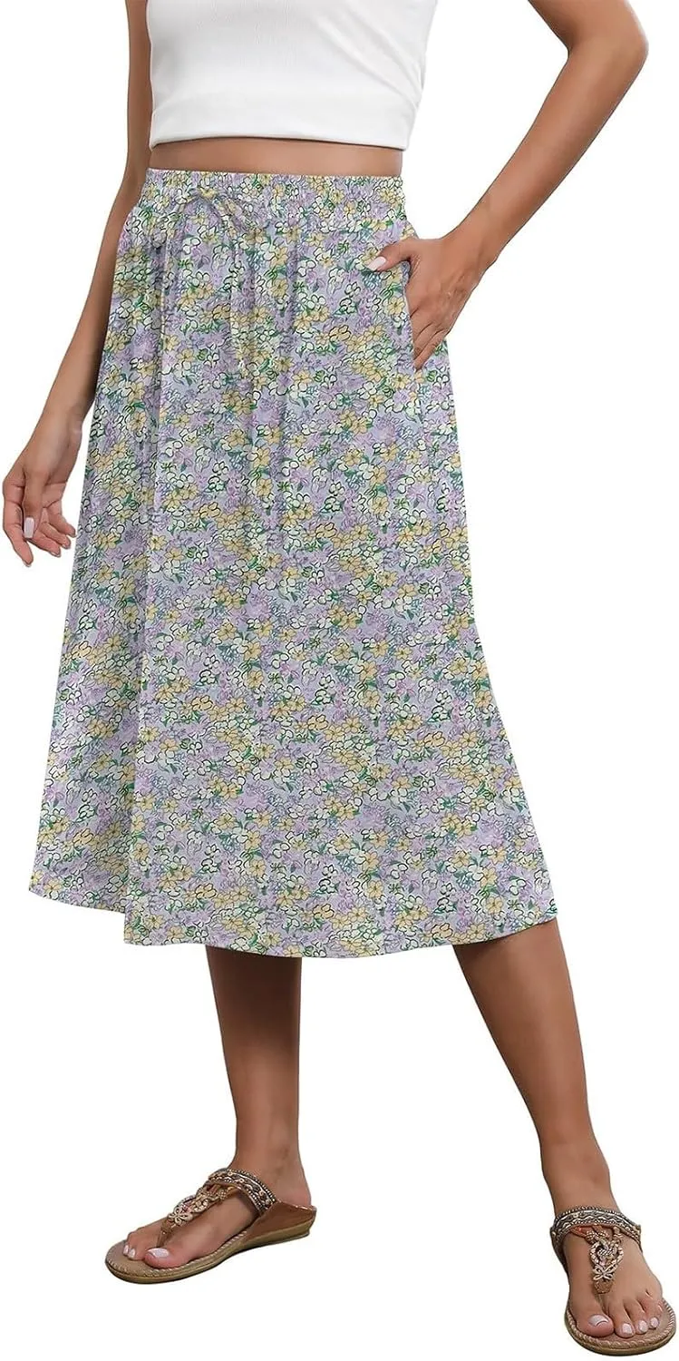 Floral Midi Skirts for Women Summer Casual Loose Flowy Boho Skirt Knee Length Beach Vacation Outfits with Pockets