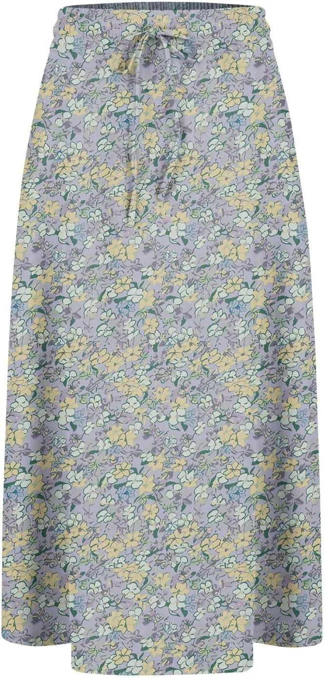 Floral Midi Skirts for Women Summer Casual Loose Flowy Boho Skirt Knee Length Beach Vacation Outfits with Pockets