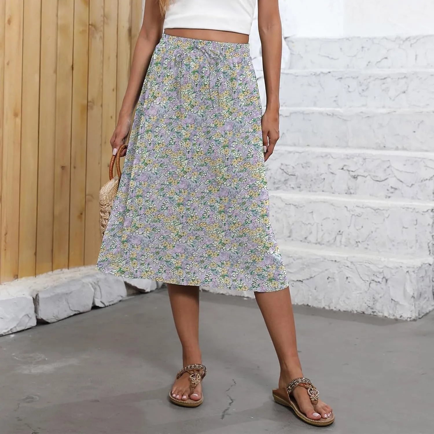 Floral Midi Skirts for Women Summer Casual Loose Flowy Boho Skirt Knee Length Beach Vacation Outfits with Pockets