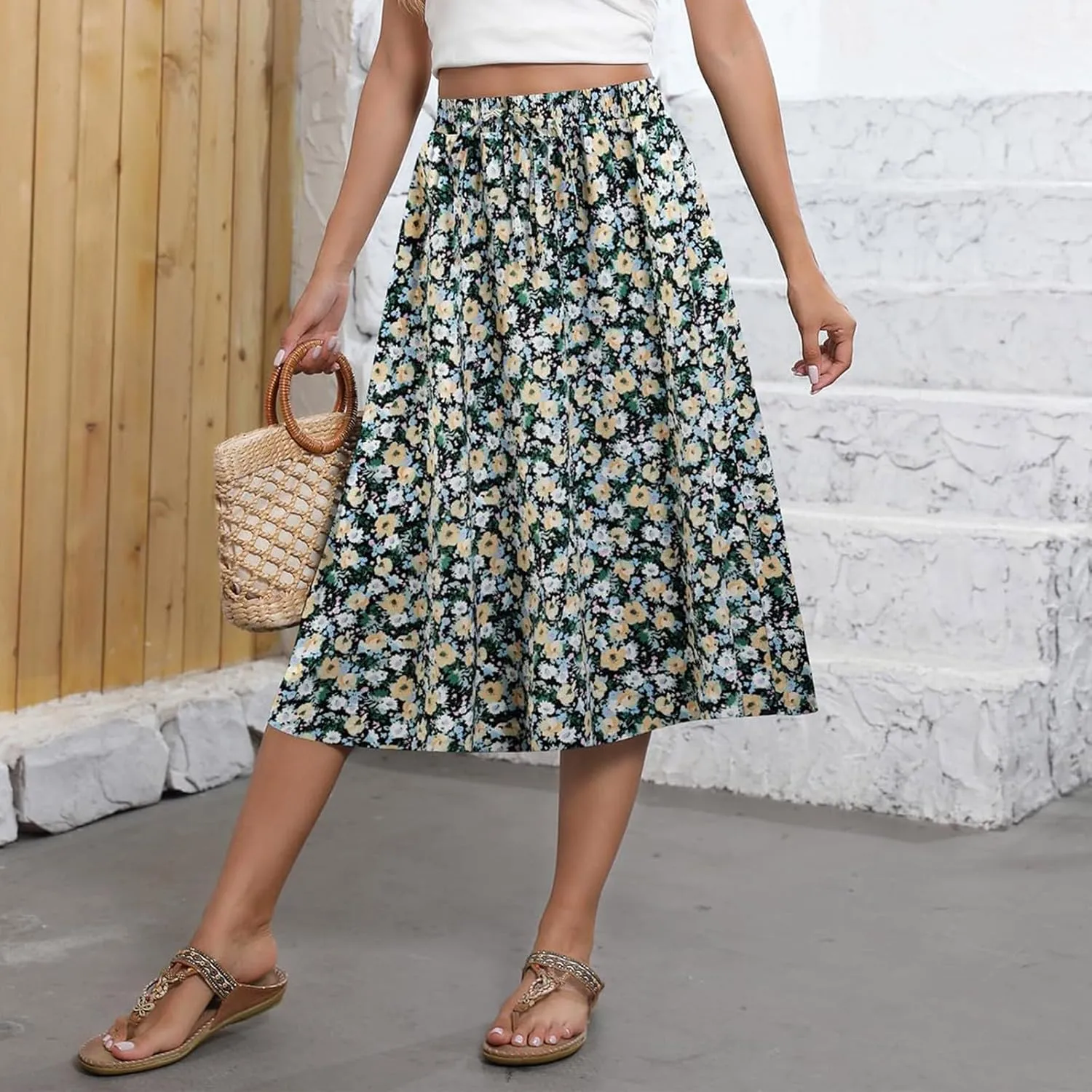 Floral Skirts for Women Trendy Drawstring High Waisted Flowy Boho Midi Skirts Y2k Pleated a Line Skirt with Pockets