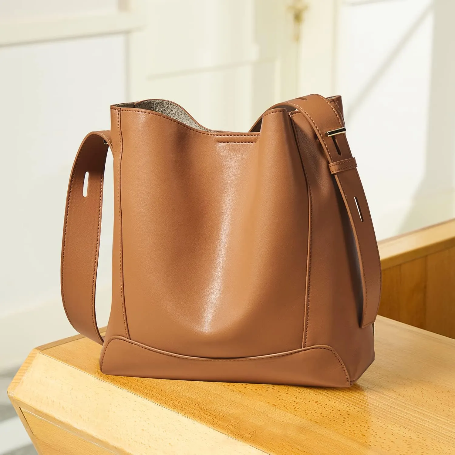 FOXLOVER Leather Bucket Tote Purse for Women Designer Tote Bag and Handbags Shoulder Bag with Pockets and Magnetic Snap