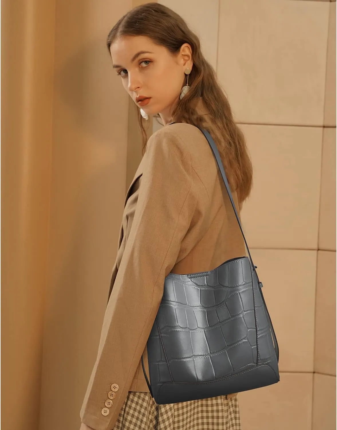 FOXLOVER Leather Bucket Tote Purse for Women Designer Tote Bag and Handbags Shoulder Bag with Pockets and Magnetic Snap