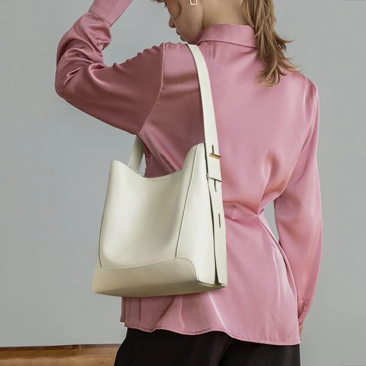 FOXLOVER Leather Bucket Tote Purse for Women Designer Tote Bag and Handbags Shoulder Bag with Pockets and Magnetic Snap