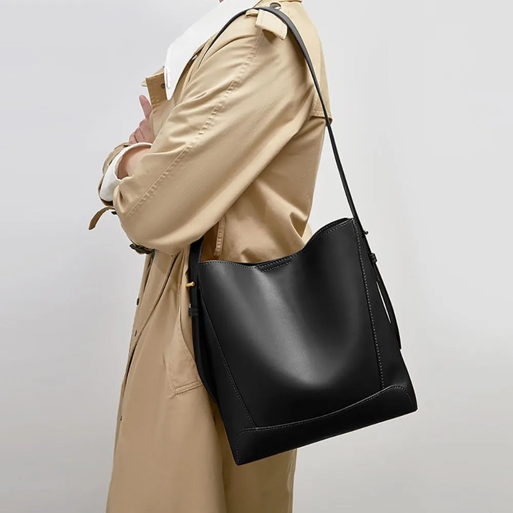 FOXLOVER Leather Bucket Tote Purse for Women Designer Tote Bag and Handbags Shoulder Bag with Pockets and Magnetic Snap