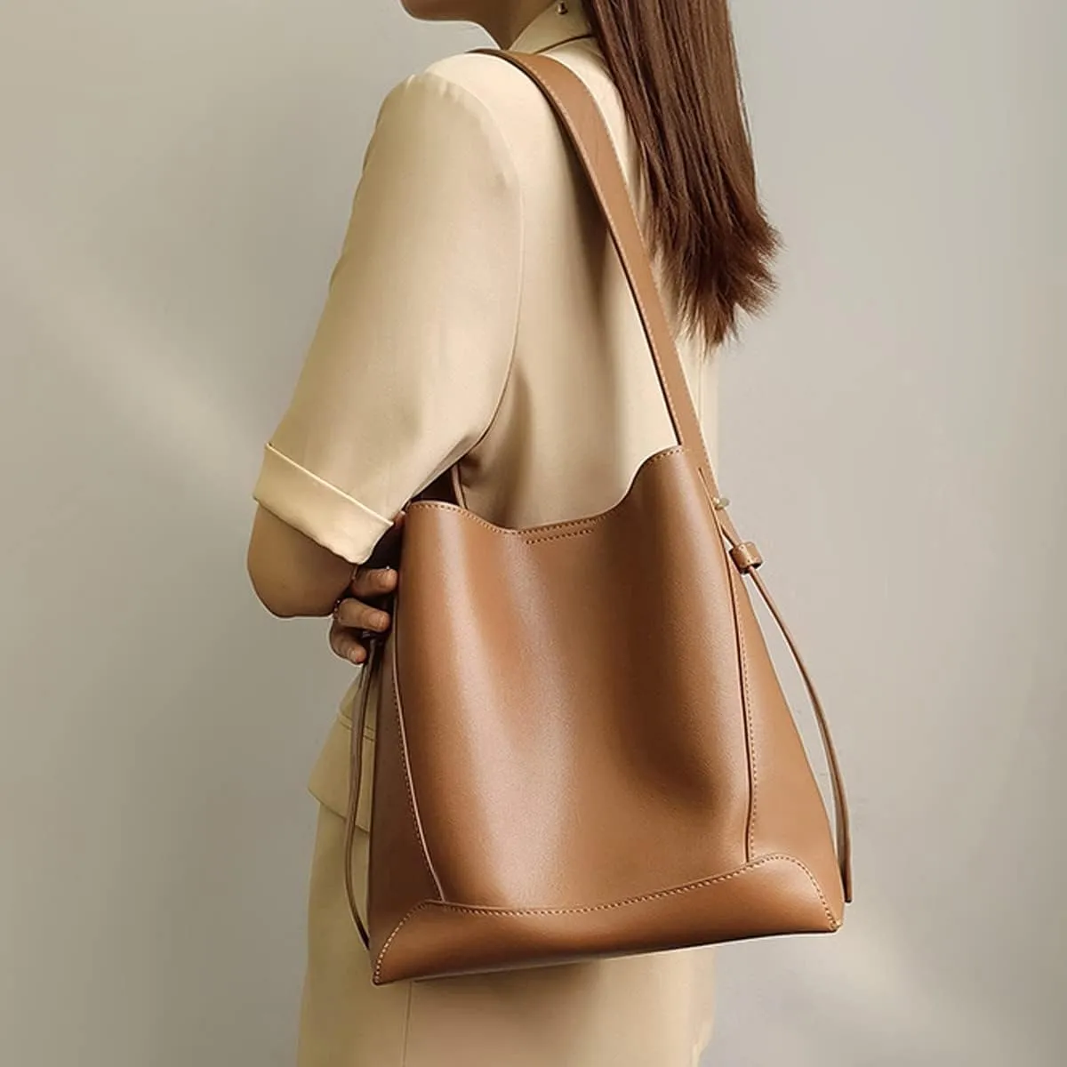 FOXLOVER Leather Bucket Tote Purse for Women Designer Tote Bag and Handbags Shoulder Bag with Pockets and Magnetic Snap
