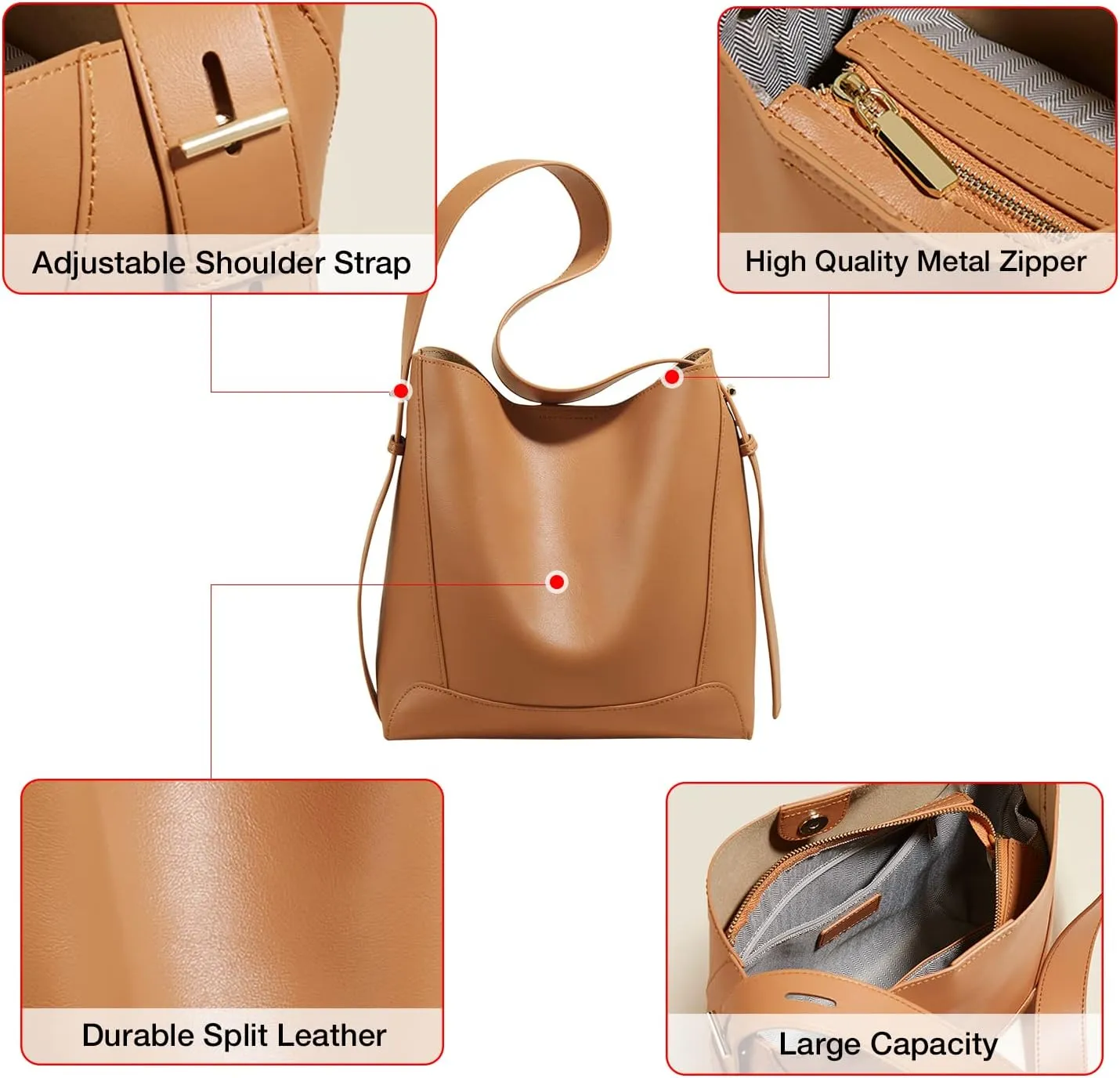 FOXLOVER Leather Bucket Tote Purse for Women Designer Tote Bag and Handbags Shoulder Bag with Pockets and Magnetic Snap