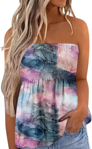 FRMUIC Womens Tube Tops Pleated Stretch Strapless Tanks Top Backless Sexy Casual Bandeau Top Summer Tunic Tanks Blouse Shirt