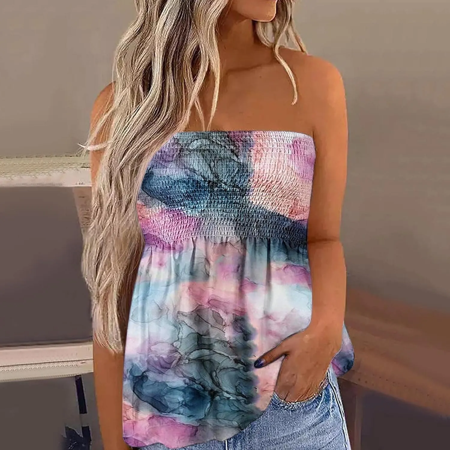FRMUIC Womens Tube Tops Pleated Stretch Strapless Tanks Top Backless Sexy Casual Bandeau Top Summer Tunic Tanks Blouse Shirt