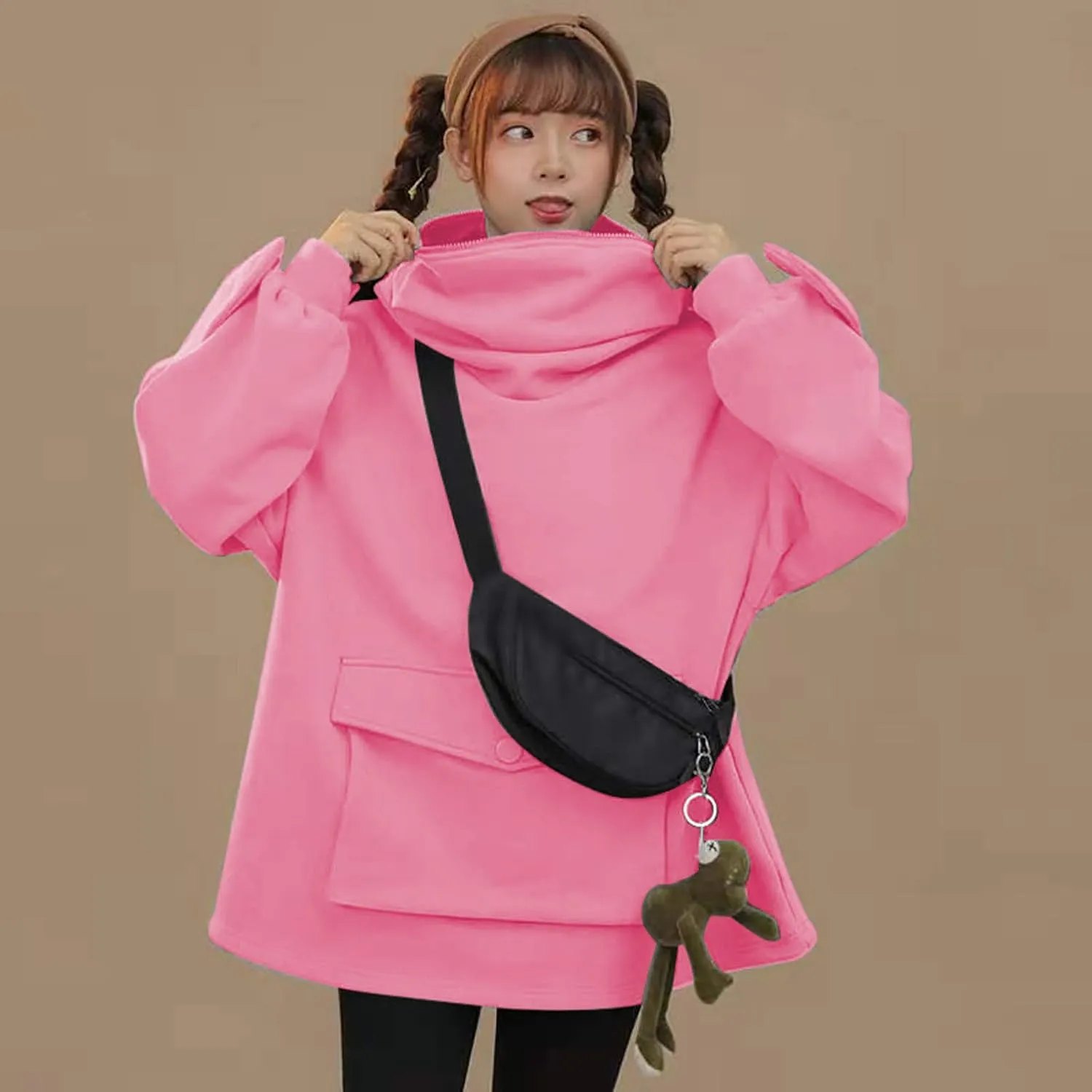 Frog Hoodies for Teen Girls Cute Hoodies Pullover Oversized Kawaii Hooded Sweatshirt Zipper Mouth Frog Hoodie for Women