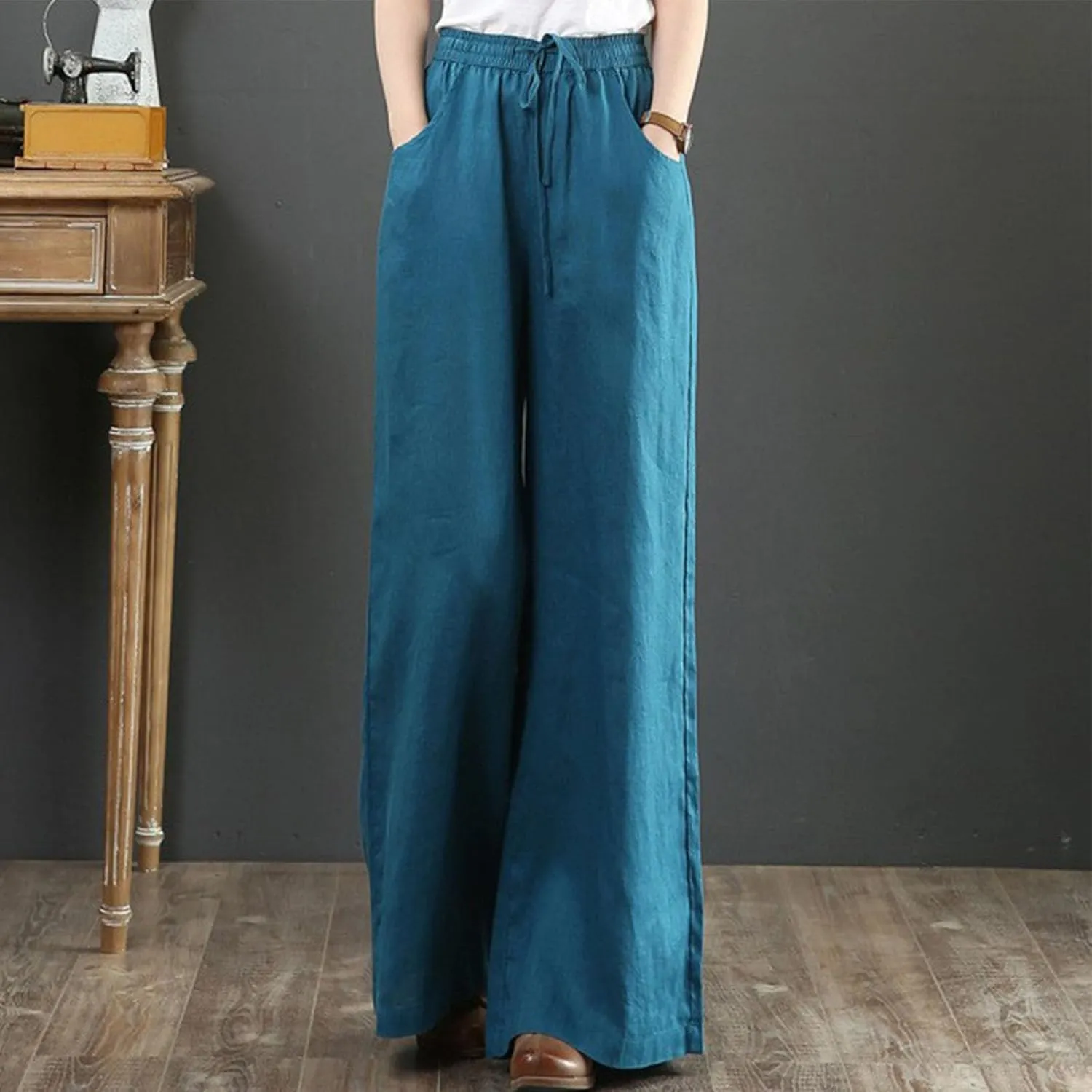FZYLQY Women's Comfy High Waist Drawstring Wide Leg Pants with Pockets Casual Loose Fit Trousers for Relaxed Everyday Wear