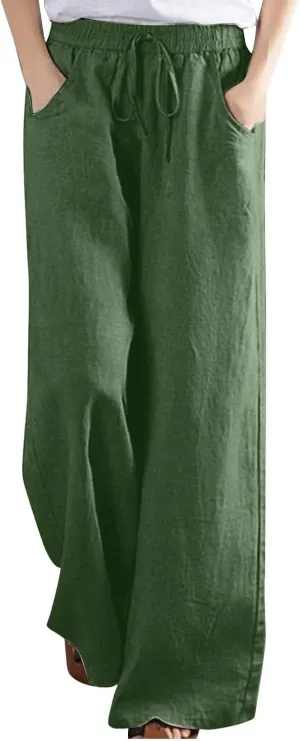 FZYLQY Women's Comfy High Waist Drawstring Wide Leg Pants with Pockets Casual Loose Fit Trousers for Relaxed Everyday Wear